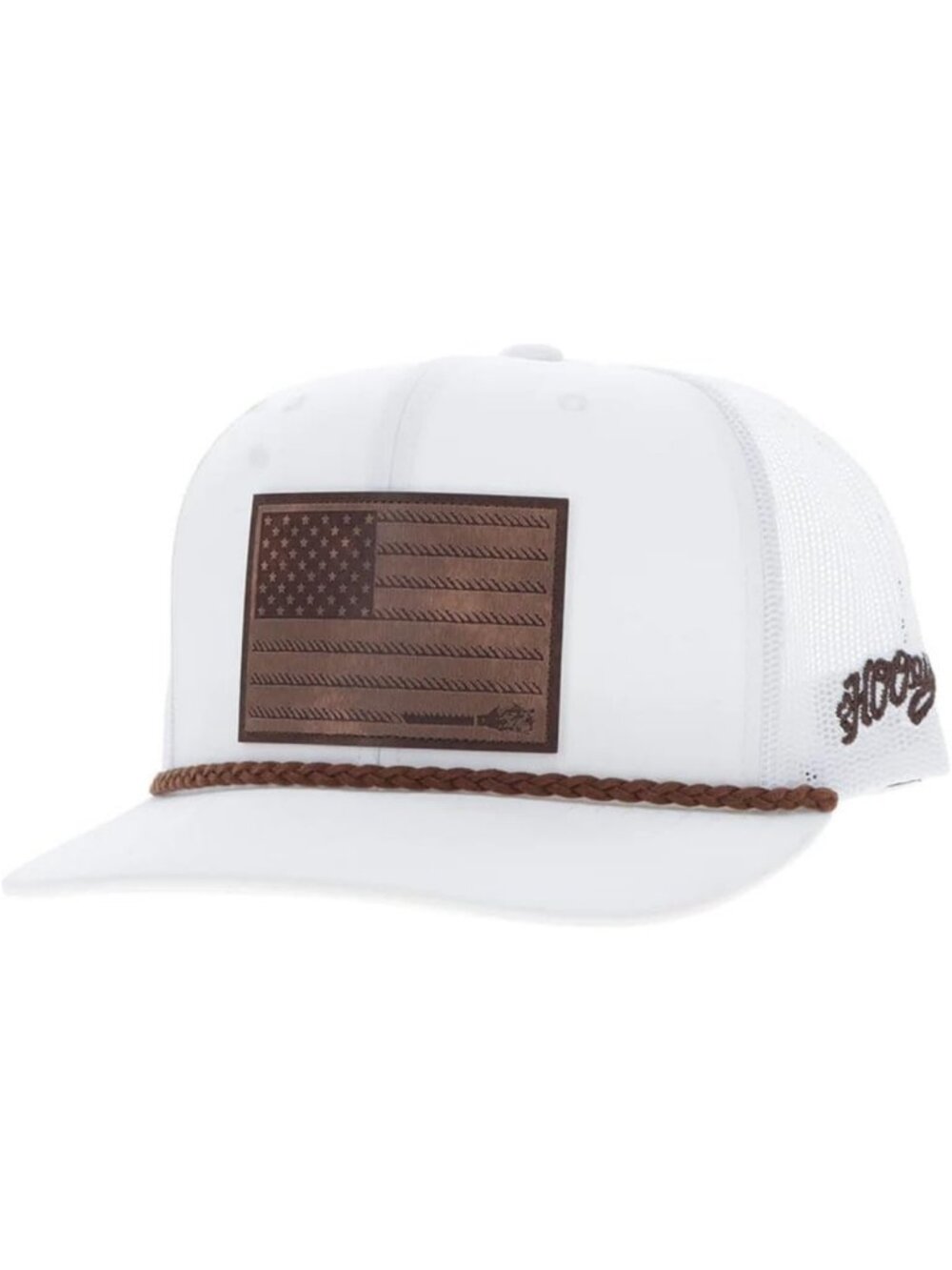 Adjustable Snapback Trucker Hat with Leather USA Flag Patch & Western Rope Trim